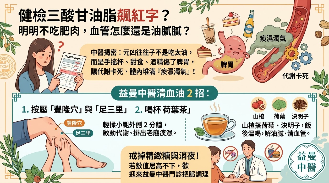 健檢三酸甘油脂滿江紅？不吃肥肉也超標！益曼中醫教妳 3 招排空血管油垢