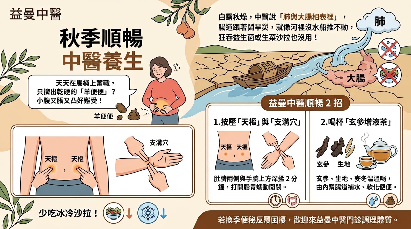 天天蹲廁所像在生小孩？白露「腸道鬧旱災」！益曼中醫 3 招告別羊便便