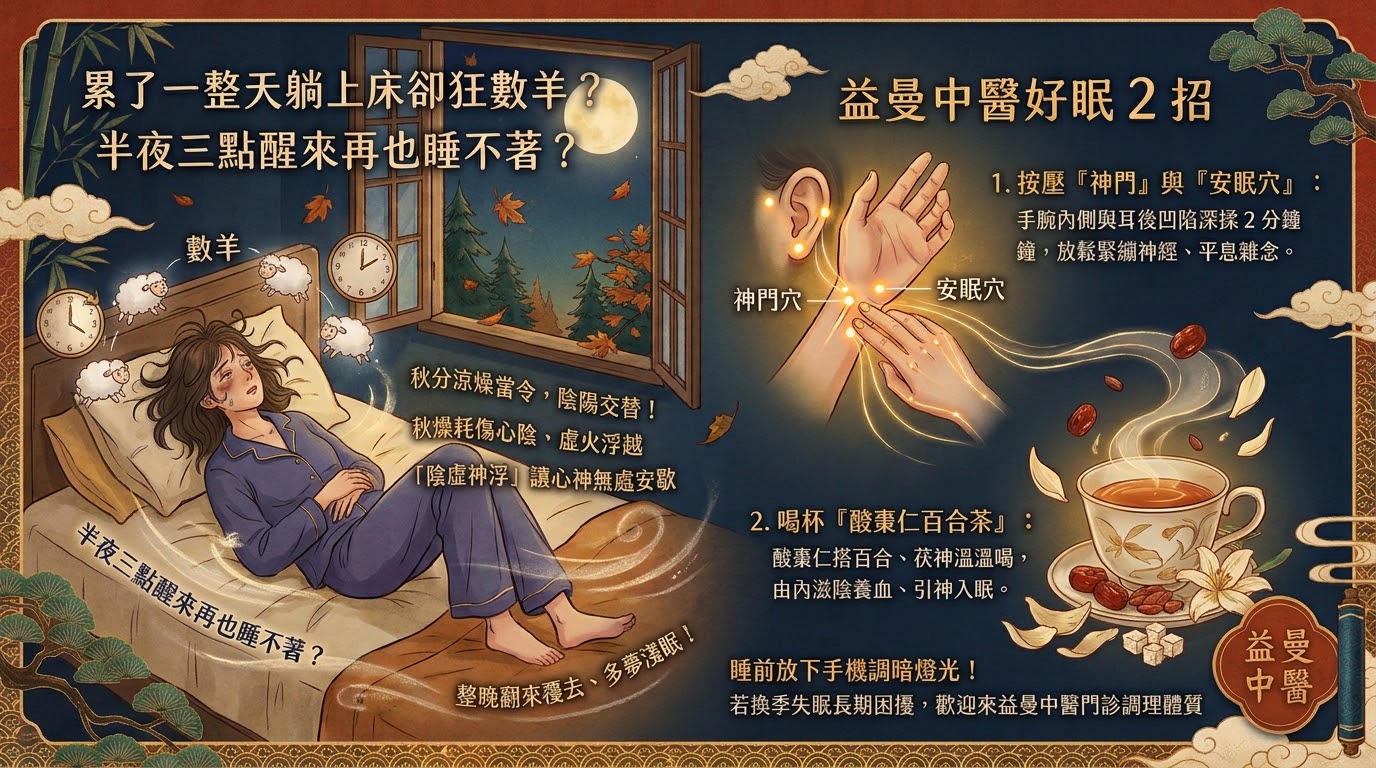 翻來覆去睡不著、夜醒多夢？褪黑激素吃了還是數羊？秋分換季「陰虛失眠」，中醫教你一夜好眠