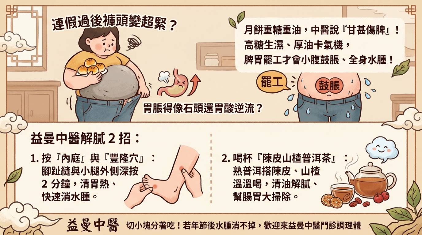 剛吃完月餅胃酸狂湧、肚子鼓得像皮球？中醫揭「高糖厚膩化濕」真相：按對 2 穴位快速消滯