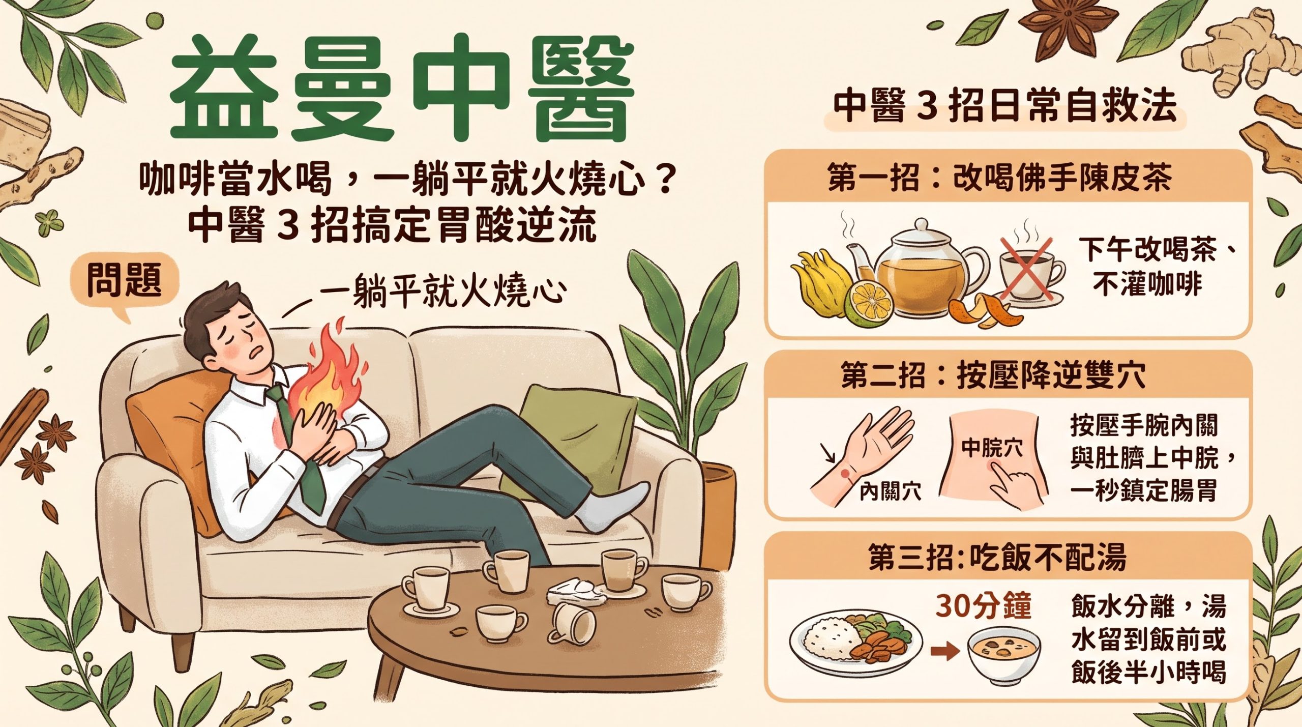 咖啡當水喝，一躺平就火燒心？中醫 3 招搞定胃酸逆流！